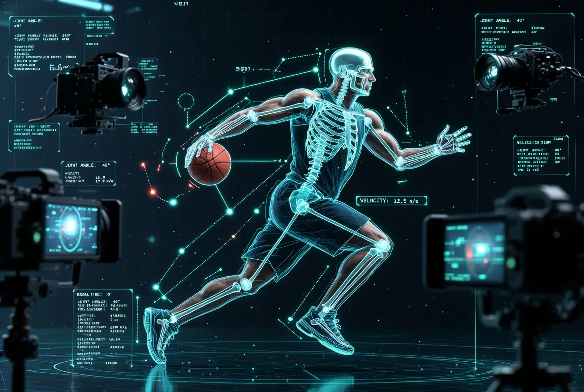 AI motion capture overlay on a basketball player mid-drive, tracking joint angles and velocity